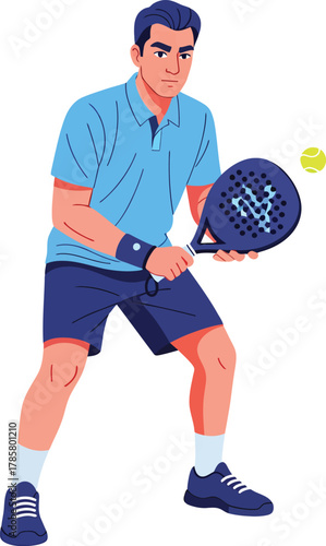 Detailed vector drawing of a man dressed in athletic wear, gripping a padel bat with focus and determination. Captures the intensity of competitive racket sports like padel or beach tennis.