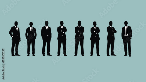 Seven Business Men Silhouettes Vector Illustration Standing in Line Poses