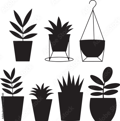 Metal Plant Pots Silhouette Cylindrical Ribbed Wide Tall Hanging Icon Set