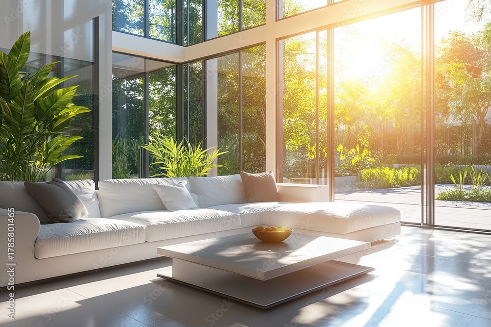 Fototapeta premium A stylish modern living room with large windows