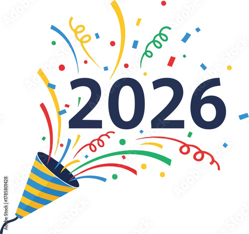 A 2D flat illustration of a party horn blowing colorful confetti and streamers to celebrate the new year 2026 on a white background.