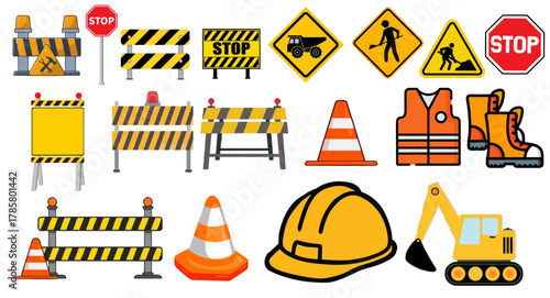 Construction safety icons set with traffic cones, barriers, stop signs, helmet, boots, and vest. Road work, warning sign, industrial safety, engineering illustration.
