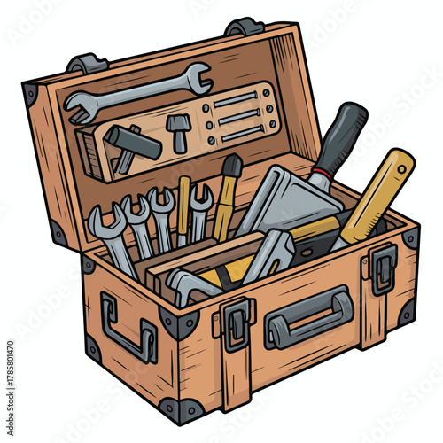 Antique open wooden chest with old tools isolated on white