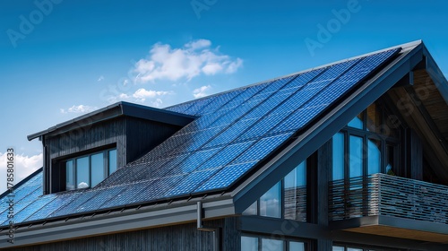 Wallpaper Mural Architectural Exterior of a Dark House with Solar Panels Under a Blue Sky and White Clouds Torontodigital.ca