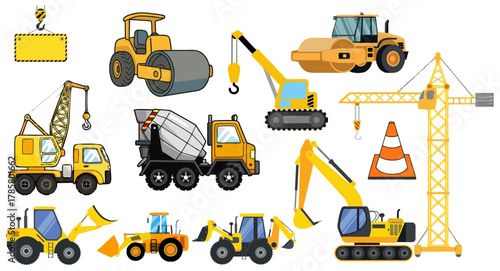 Construction vehicles set with crane, excavator, bulldozer, roller, mixer truck, and safety cone. Heavy machinery, building equipment, industrial and engineering illustration.
