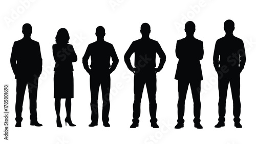 Set of Business People Silhouettes Standing. Group of Corporate Professionals Including Men and Woman in Formal Attire, Black Vector Shapes Isolated on White Background.