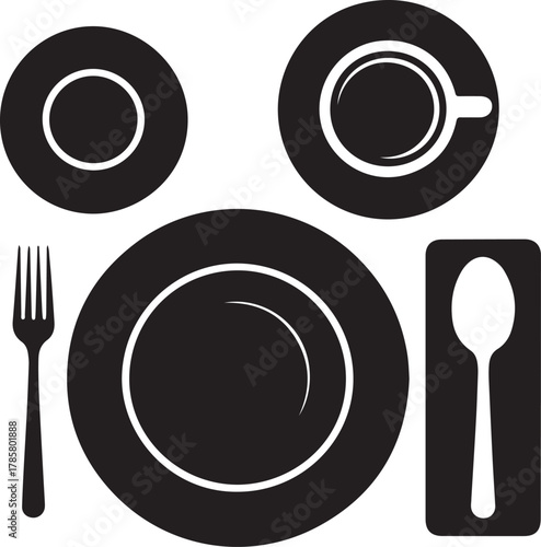 Minimal Breakfast Table Silhouette Set — Plate, Cup, Spoon & Napkin