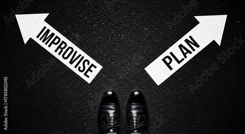 Confidently choose your path, deciding between strategic planning and spontaneous improvisation for business success, symbolizing crucial decision points.