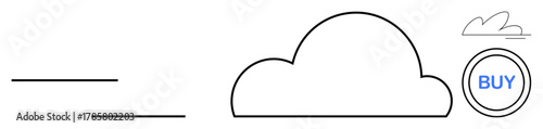 Cloud outline with motion lines representing data transfer and a circular buy button. Ideal for technology, cloud storage, online shopping, e-commerce, digital services, innovation, connectivity