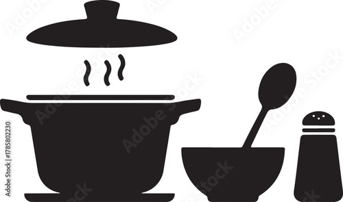 Minimal Cooking Station Silhouette Set — Pot, Lid, Spoon, Bowl & Salt Shaker