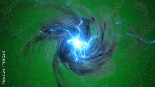 Vibrant energy vortex with electric sparks in a cosmic green nebula, symbolizing power and creation.