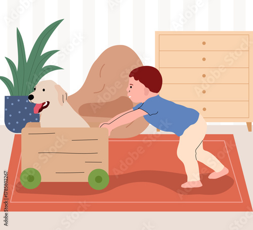 A little boy pushing cart with his dog in it illustration
