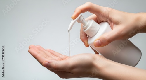 Hands dispensing liquid soap or sanitizer from a white pump bottle onto a palm