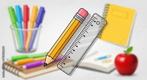 Back to school concept with school supplies like pencils, ruler, apple, notebook, and pens