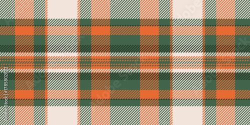 Textured plaid pattern in orange, green, and cream hues. Versatile background for fashion, textile, or graphic design. Evokes warmth and comfort. Perfect for seasonal themes.