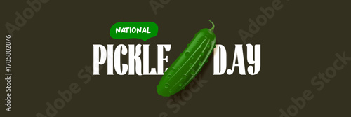 National Pickle day horizontal banner design template with text and pickled cucumbers isolated on grey geometric pattern background. Pickle day flyer. 14 november national day of pickled cucumber