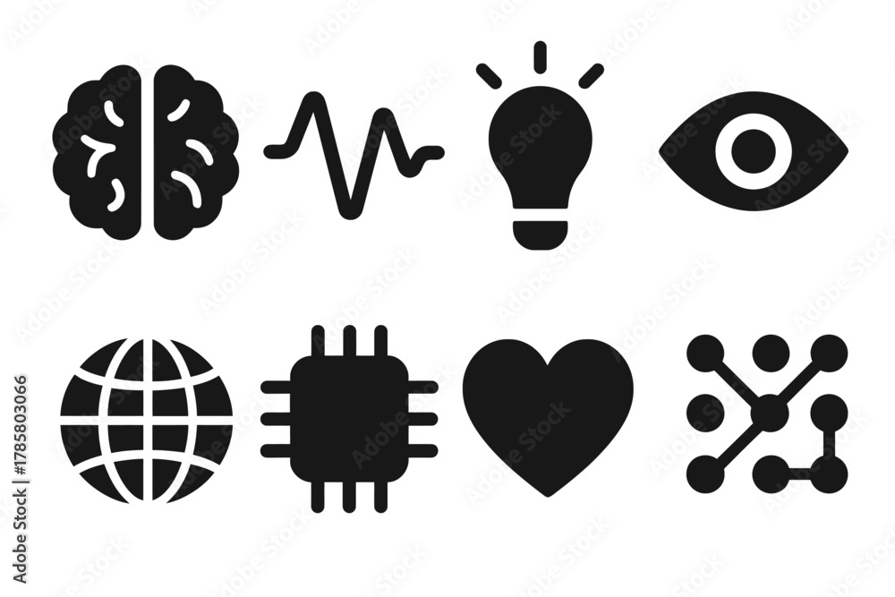 Obraz premium Icon set: brain, heart, lightbulb, technology, connectivity, vision, circuit