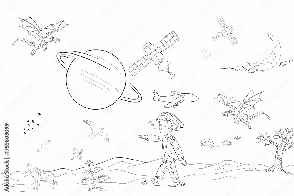 Obraz premium sketch of a man imagining himself in a dream on white background