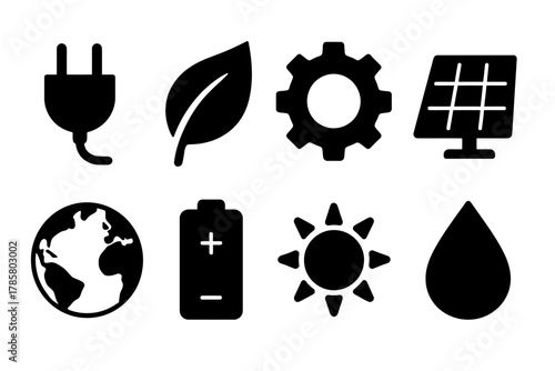 Set of eco-friendly icons representing renewable energy and sustainable practices