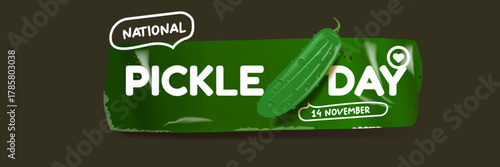 National Pickle day horizontal banner design template with text and pickled cucumbers isolated on grey geometric pattern background. Pickle day flyer. 14 november national day of pickled cucumber