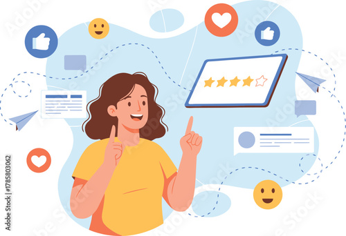 Customer Giving 5-Star Rating and Positive Online Review on Digital Tablet Screen