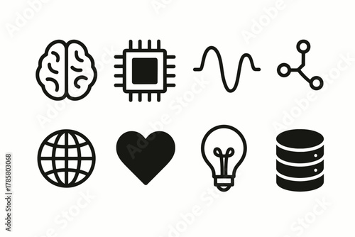Brain, microchip, wave, network, globe, heart, bulb, database icons