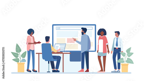 Diverse team collaborating on a digital project in a modern office setting with a large screen and laptop