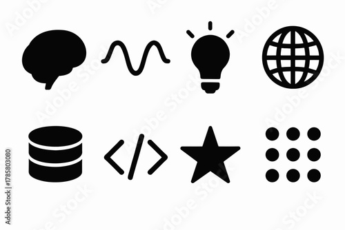 Innovative technology icons: brain, signal, lightbulb, connectivity, database, code, star, grid