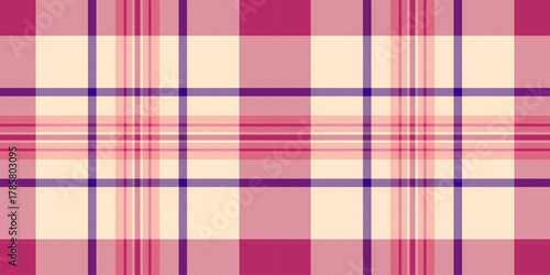 Fashionable vector check background, sixties plaid pattern texture. Twill seamless fabric tartan textile in blanched almond and pink colors.