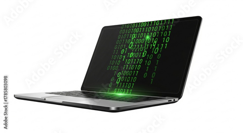 Laptop with green binary code on the screen, symbolizing data processing and software development