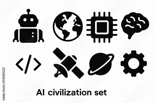 Ai civilization set: robot, planet, microchip, brain, code, satellite, planet ring, gear