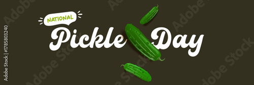 National Pickle day horizontal banner design template with text and pickled cucumbers isolated on grey geometric pattern background. Pickle day flyer. 14 november national day of pickled cucumber