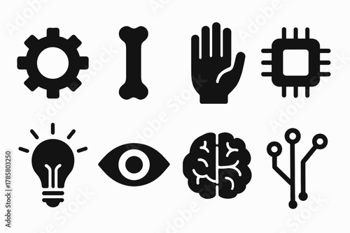 Technology and human interface symbols: gears, bone, hand, and microchip icons