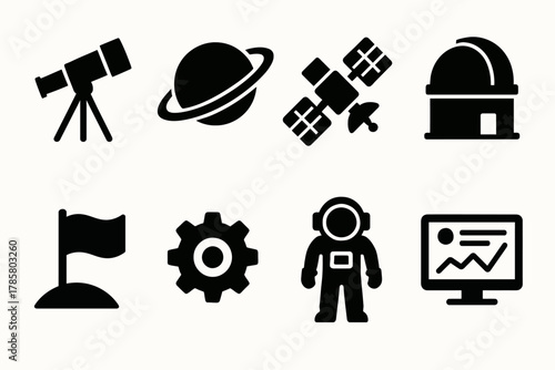Space exploration icons: telescope, planet, satellite, observatory, flag, gear, astronaut, monitor
