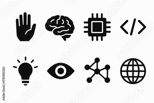 Set of technology and science icons including brain, circuit, and light bulb