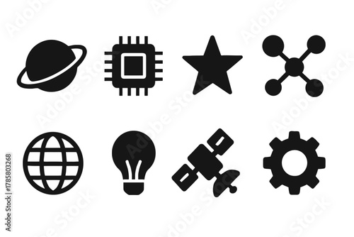 Set of icons representing technology, space, science, and engineering concepts