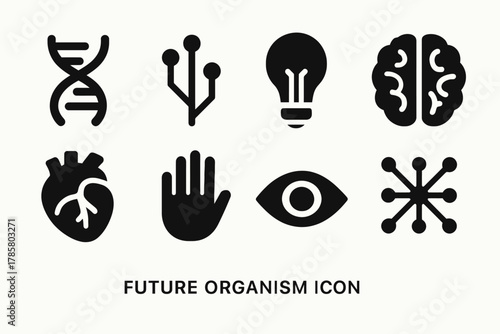 Futuristic icons collection: dna, technology, brain, heart, hand, eye, lightbulb, network