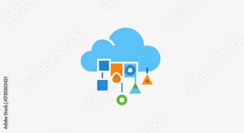 Cloud computing diagram with colorful shapes representing data flow and network connections