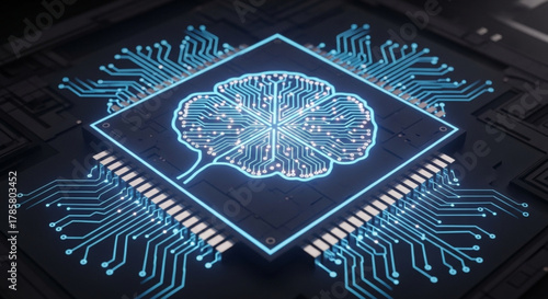 Artificial intelligence concept with brain shape on circuit board, symbolizing advanced technology and neural network processing power
