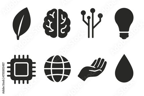 Set of black technology and nature icons including brain, leaf, lightbulb, and microchip
