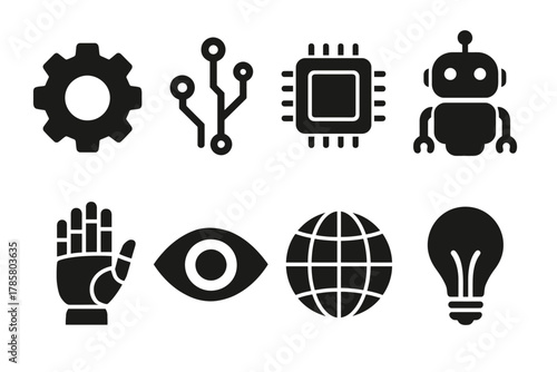 Set of technology icons: gear, circuit, chip, robot, hand, eye, globe, lightbulb