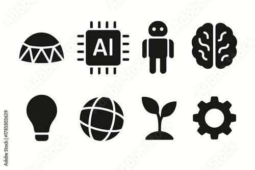 Innovative technology icons: ai, brain, robotics, earth, growth, gear