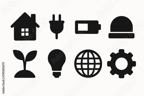Eco-friendly energy icons: home, solar, battery, globe, gear, and more
