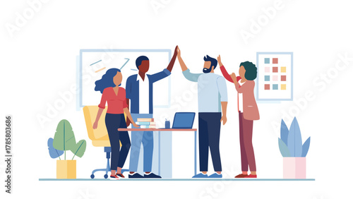 Diverse team of colleagues celebrating success with a high five in a modern office setting symbolizing teamwork and achievement