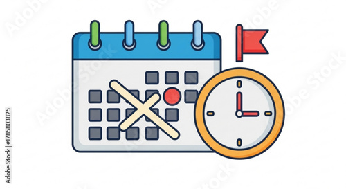 Calendar with clock representing time management, schedule, appointment, or deadline in a colorful design