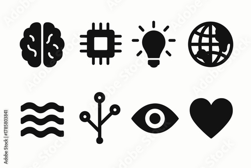 Icons representing brain, chip, lightbulb, globe, waves, network, eye, heart in black style