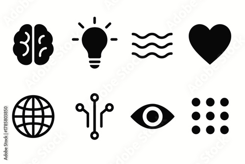 Set of eight minimalist icons representing brain, lightbulb, waves, heart, globe, circuit, eye, and dots