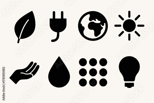 Set of eco-friendly icons featuring nature, energy, and sustainability symbols