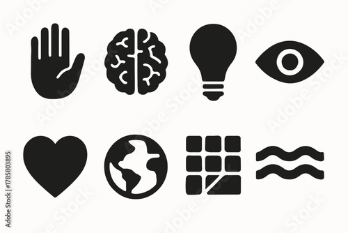 Minimalistic icons set: earth, brain, heart, eye, light bulb, hand, waves, grid