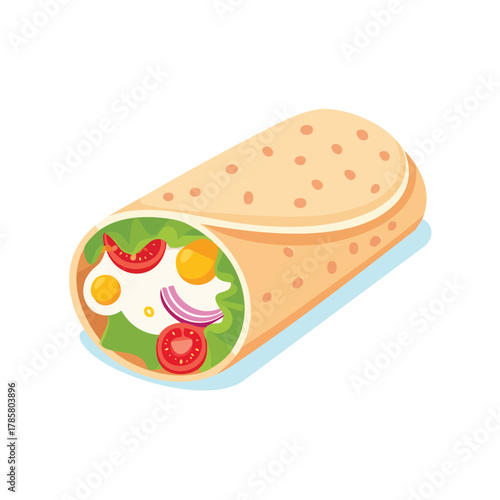 A Delicious Burrito with Fresh Ingredients Egg, Greens, Tomato, Onion, and Sauce